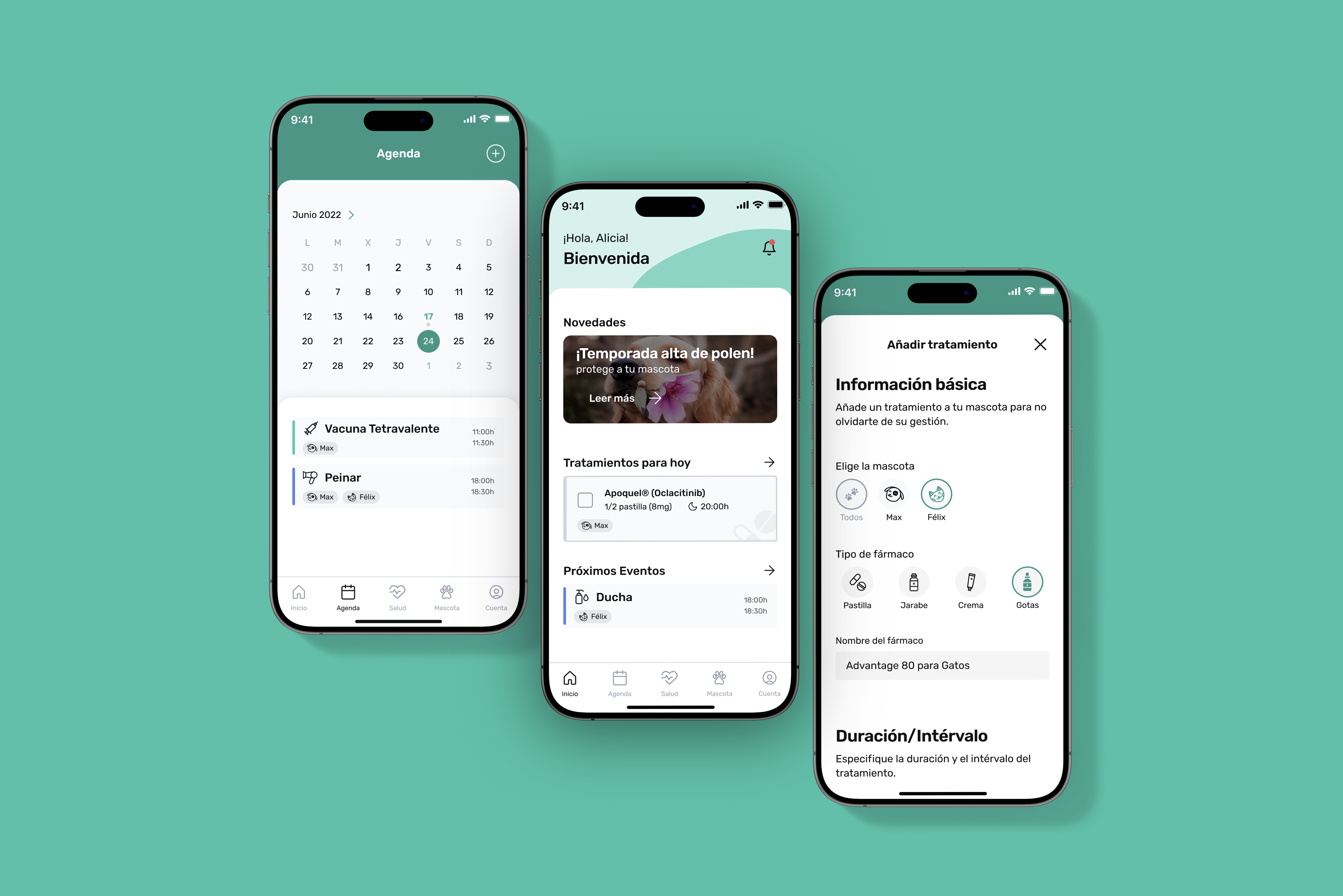 three iphones show datapet app screenshots